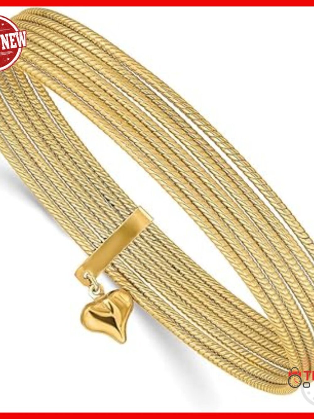 14K Gold Set of 7 Textured Bangle Bracelets with Heart Charm Slip On